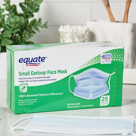 Equate Small Earloop Disposable Face Mask, Helps Filter Out Dust and Pollen, 25 Count