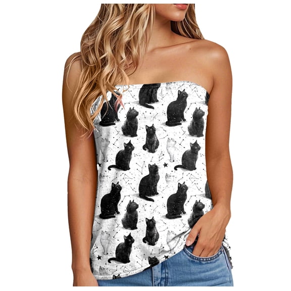 idosla Womens Smocked Strapless Bandeau Tank Tops Floral Tube Tops Backless Bandeau Tunic Tops Sleeveless Shirts (Beige, L)