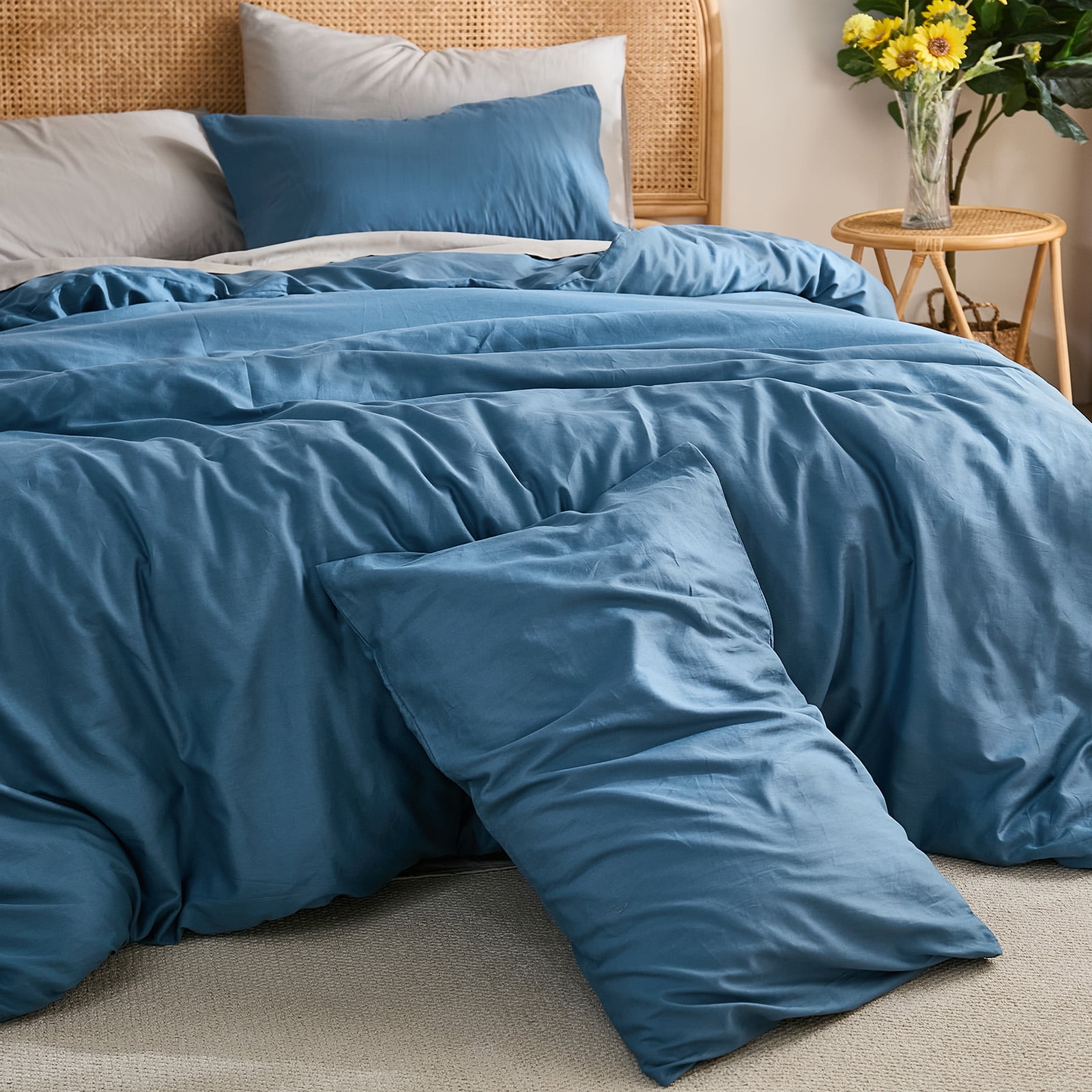 100% Washed Cotton Duvet Cover –Dark Blue, Linen-Like Texture, Super Soft & Breathable Bedding Set, 3-Piece Durable Percale Comforter Cover