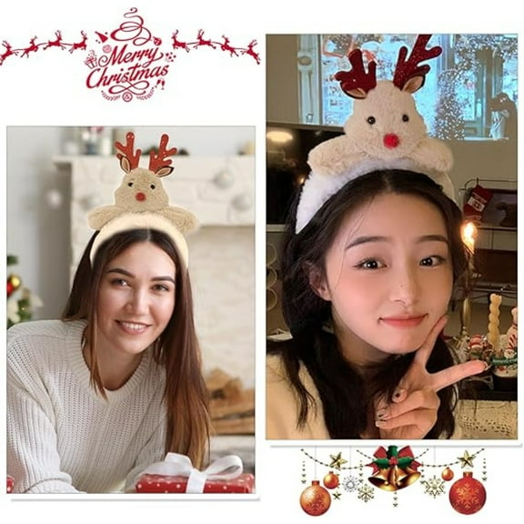 Christmas Antler Headband and Reindeer Rudolph Christmas Santa Claus Headbands for Women Cute Red Hair Band Fluffy Headband Christmas Hair Accessories 1Pcs