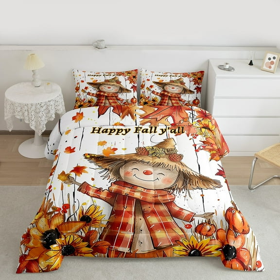 jejeloiu Cartoon Scarecrow Bedding Comforter Set,Hello Fall Twin Comforter Sets,Rustic Sunflower Maples Bedding Set For Girls Boys,Luxury Bedroom Decor Reversible,2pcs