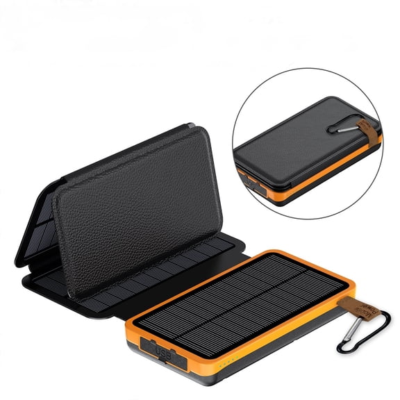 Foldable Solar Power Bank, Portable Solar Charger with 4 Solar Panels, Waterproof External Battery Pack with Dual USB & Carabiner for Camping Hiking Emergency