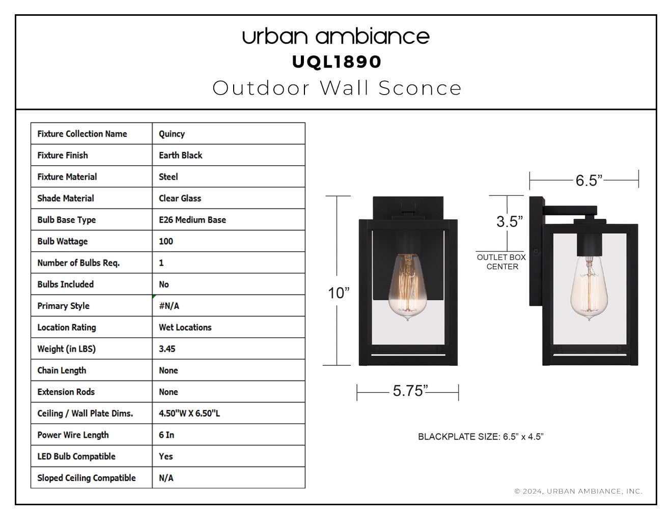 Luxury Modern Farmhouse Wall Sconce, Large Size: 10.00''H x 5.75''W, with Modern Style Elements, Earth Black Finish, UQL1890 from the Quincy Collection by Urban Ambiance