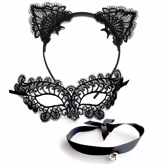 3-Piece Lace Cat Costume Accessory Set for Women, with Masquerade Mask, Lace Cat Ears Headband & Bell Choker