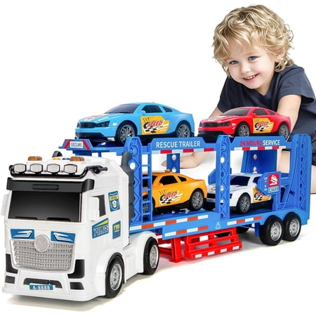Toddler Boy Toys for 3 4 5 6 7 Years Kids 21 Double Layer Race Truck Toy with 4 Racing Cars Friction Powered Vehical Toys with Lights and Sounds Birthday for Boy Girls