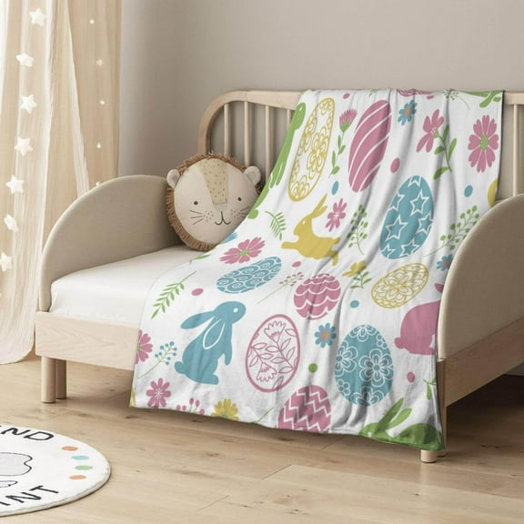 Dmlowu Easter Throw Blanket, Spring Bunny and Flower Eggs, Soft and Comfortable Easter Bunny Flannel Blanket, 39 x 51 Inch Bunny Blanket for Girls Boys Teens Adults
