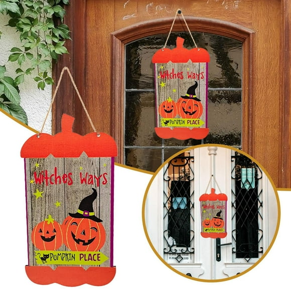 Halloween Door Decor Hanging Sign | 9-Inch Wooden Pumpkin & Witch Ornaments | Front Door Wreath for Halloween Parties