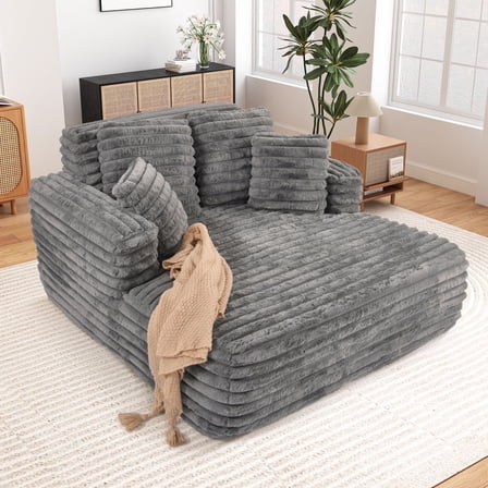 Muumblus Oversized Chaise Lounge Chair Indoor Furniture, No Assembly Required, Plush Corduroy Upholstered Sofa Bed Cozy Sleeper Couch for Living Room, Bedroom, Grey