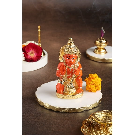 Kneeling Hanuman Idol in Orange & Gold - 5 Inches