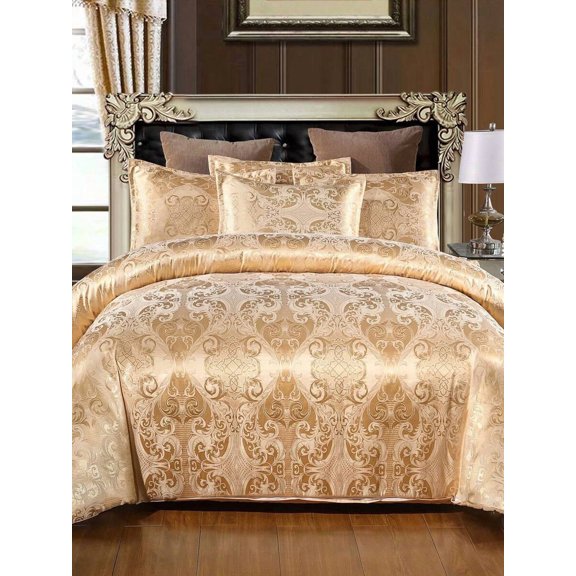 Gold 3pcs Jacquard Satin Bedding Set, High-End Elegant Duvet Cover Set