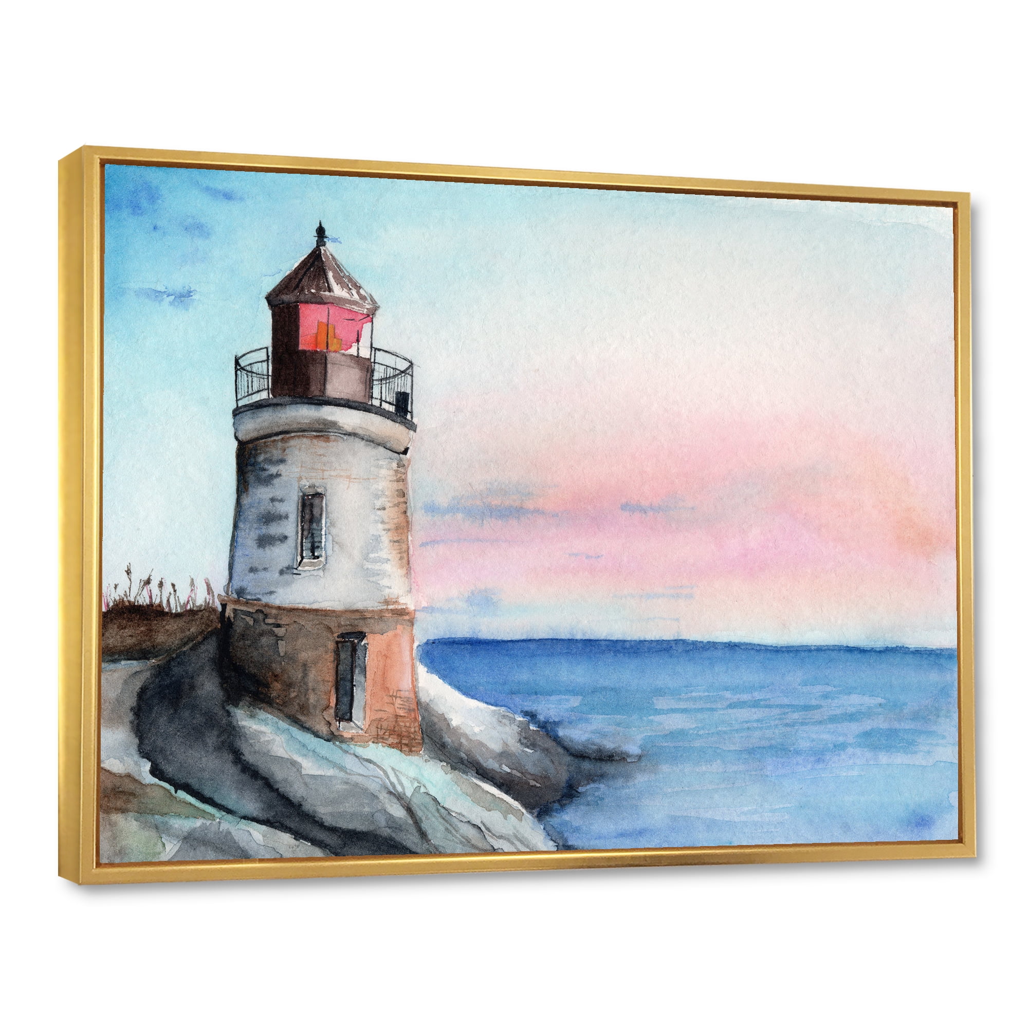 Designart 'A Lighthouse On A Rock Shore At Dawn' Nautical & Coastal Framed Canvas Wall Art Print