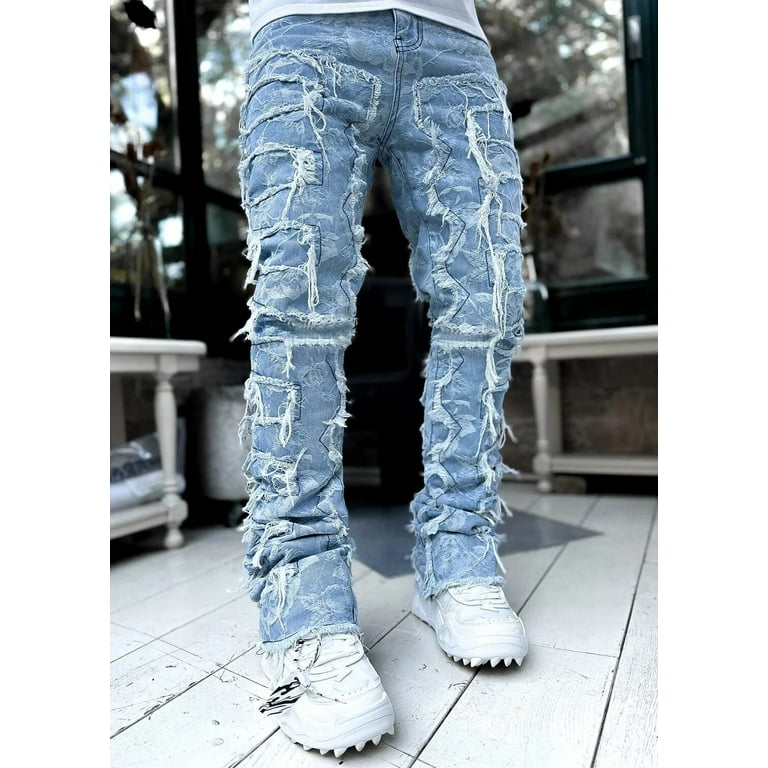 福袋 バースデイ White Street High Men's Patchwork Stretched Jeans Stacked Clothing