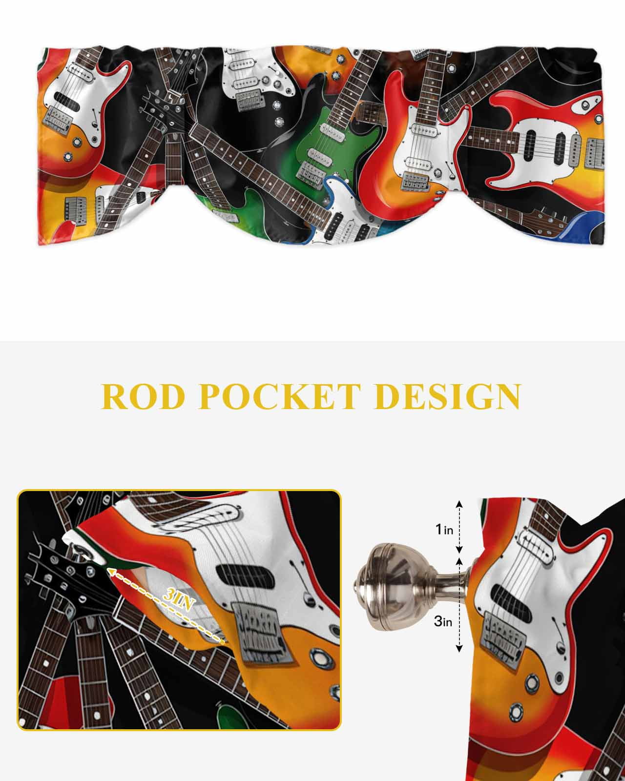 Electric Guitar Tie Up Valances Curtain, Adjustable Kitchen Colorful Guitar Music Instrumentation Valances for Windows Decor, Rod Pocket Short Curtains Set for Bedroom/Bathroom, 54"x18"