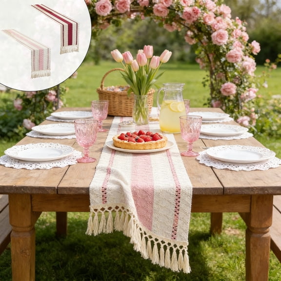 Polyester Tables Runner 30x183cm Pink Patchwork Tassel Table Runner Long Woven Tablecloth for Dining Table Decoration(1Pcs) NCHKUN