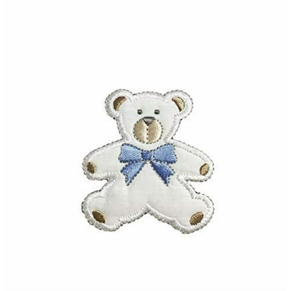 Puffy Boy Bear, Blue Ribbon - Embroidered Iron on Patch