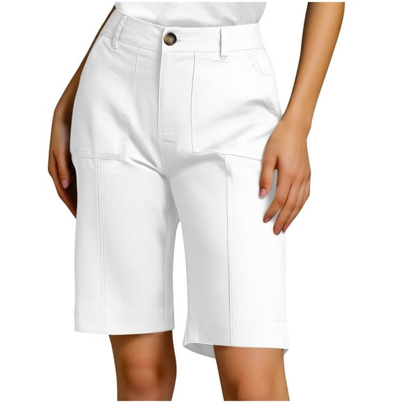 Lovzfmll Tailored Work Shorts for Women, Office Casual Shorts with Button & Pocket, Solid Color Professional Wear White, M