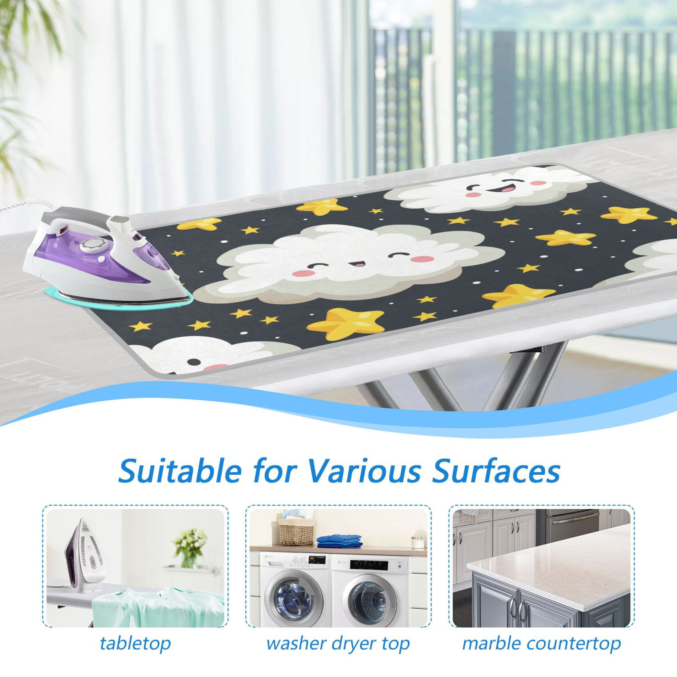 Cute Clouds Stars in Night Ironing Mat Blanket Portable Travel Ironing Pad Heat Resistant Pad 47.2" x 27.6”