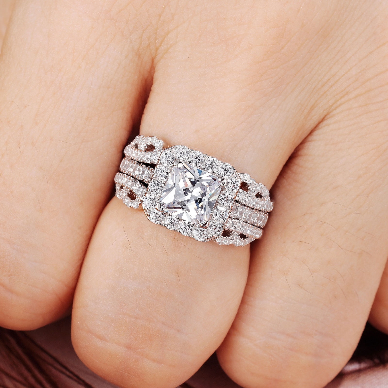 Newshe Jewellery 3CT Wedding Ring Set for Women Wedding Sets Ring Enhancer for Engagement Rings Princess Cut 925 Sterling Silver AAAAA Cz Size 10