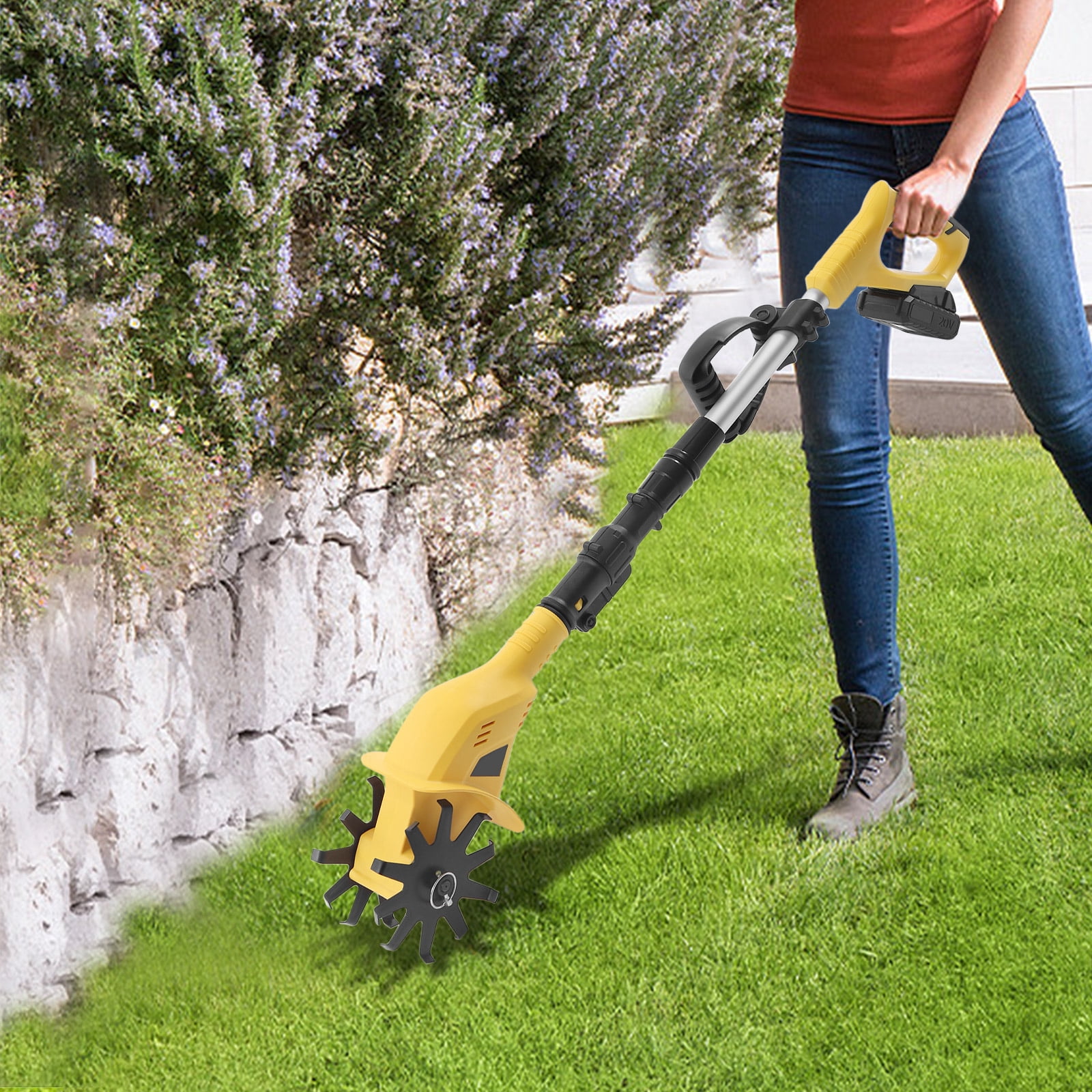 Miumaeov Cordless Tiller Cultivator, 20V 250RPM Electric Tiller with Telescopic Rod, 3.9inch Wide Battery Powered Garden Cultivator for Lawn, Yard, Soil Cultivation