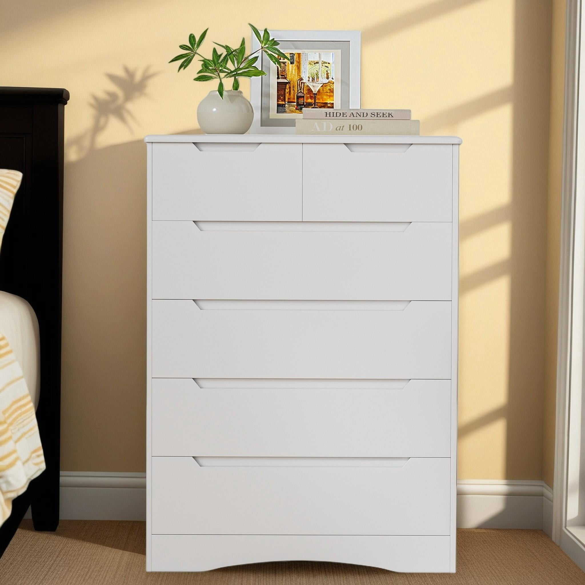 White Dresser, 6 Drawer Dresser Wooden Storage Cabinet for Bedroom, Home, Living Room