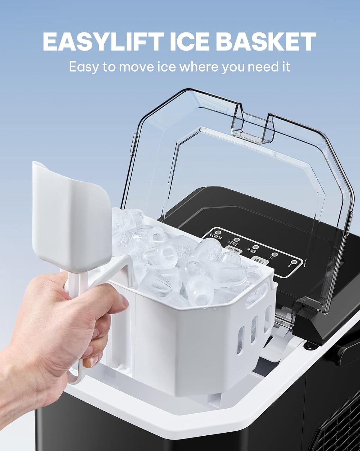 Ice Maker Countertop Machine with Handle, 26lbs in 24h, 9 Ice Cubes Ready in 6 Mins, Self-Cleaning Ice Makers with Basket and Scoop, Ideal for Home, Kitchen, Camping, RV