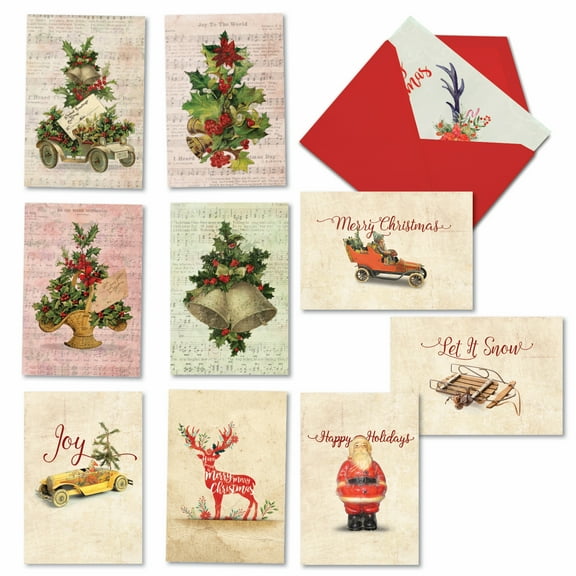 10 Assorted Set Christmas Greeting Cards - Vintage Christmas - Retro Xmas Icons Including Saint Nick and Reindeer