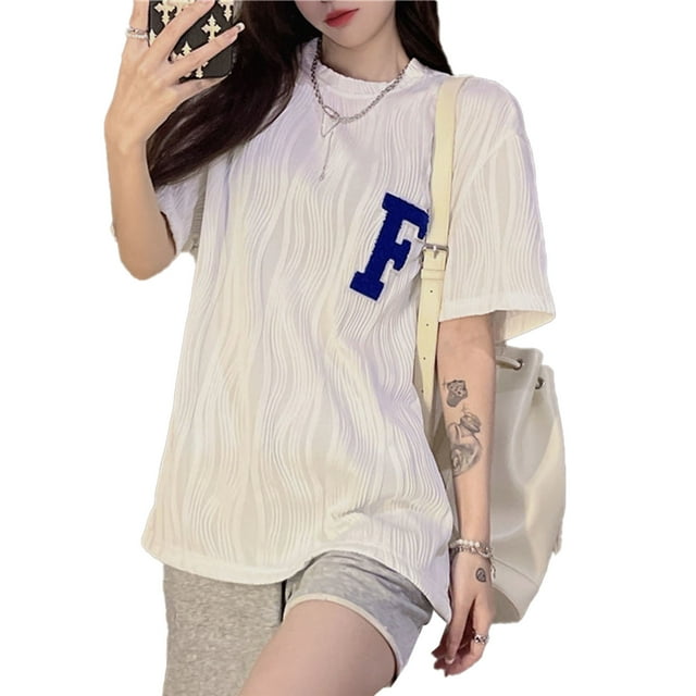 Las mujeres de manga corta Top cuello redondo carta bordado elegante versátil suelta verano media manga camiseta