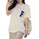 thumbnail image 1 of Camiseta de manga corta para mujer, cuello redondo, bordado de letras, elegante, versátil, suelta, media manga de verano, camiseta blanca M, 1 of 12