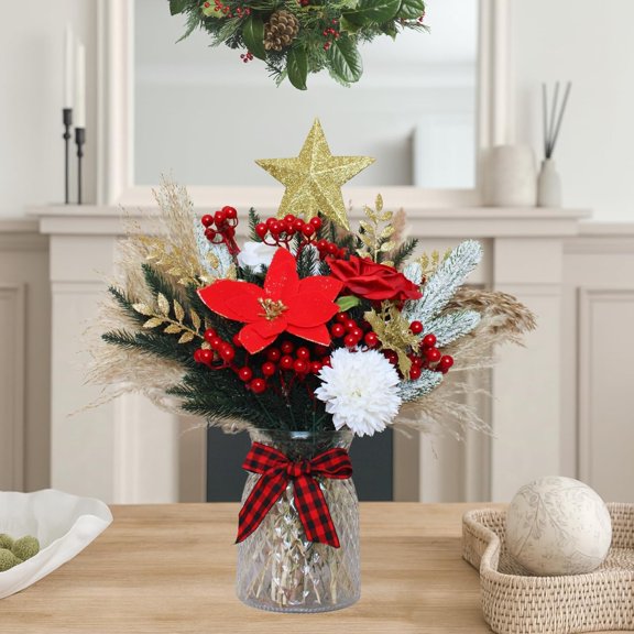 MM Christmas Centerpieces for Tables,Holiday Table Decor, 100pcs Christmas Floral Arrangements in Vase, Xmas Decorations for Coffee Kitchen Dining Table, Artificial Poinsettia Red Berry Pine Branches