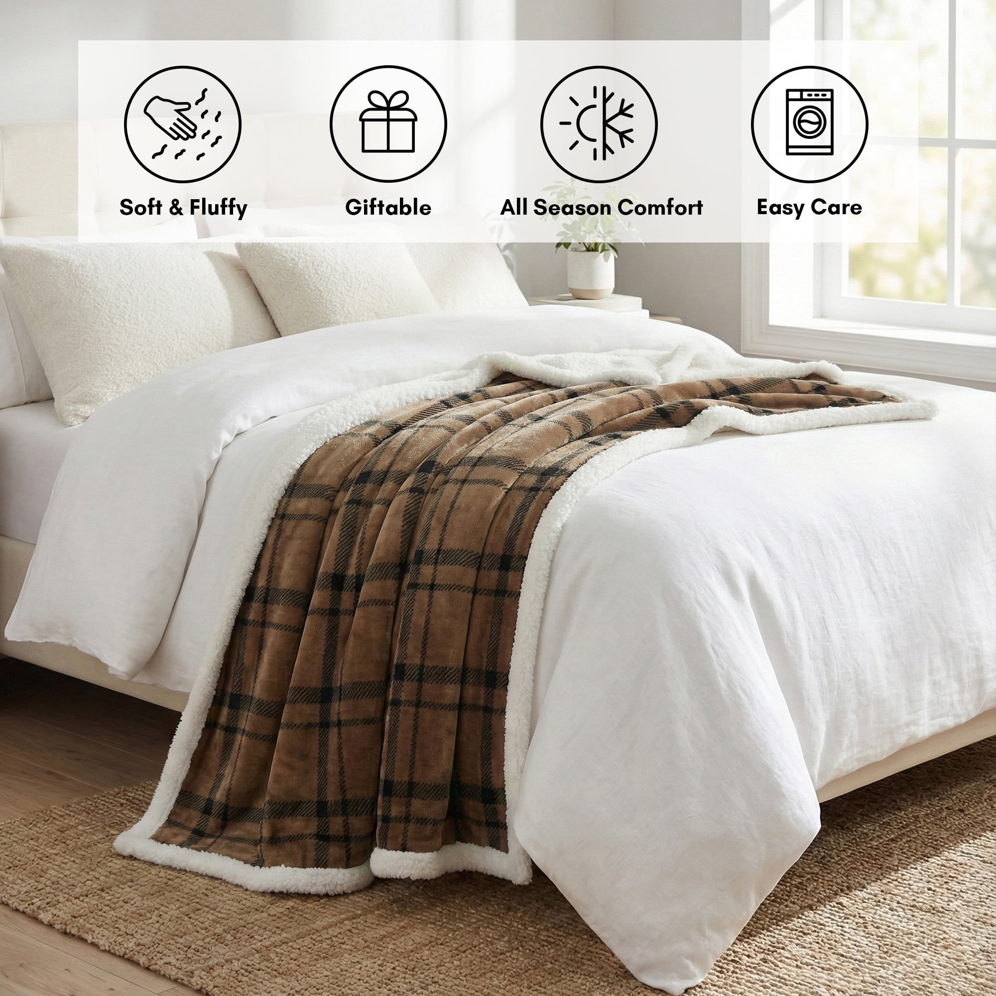 Americanflat Fleece and Reverse Sherpa Throw Blanket - 50x60 Inch Classic Tattersall Plaid - Ultra Soft Cozy Couch Cover - Warm Reversible Design - Brown