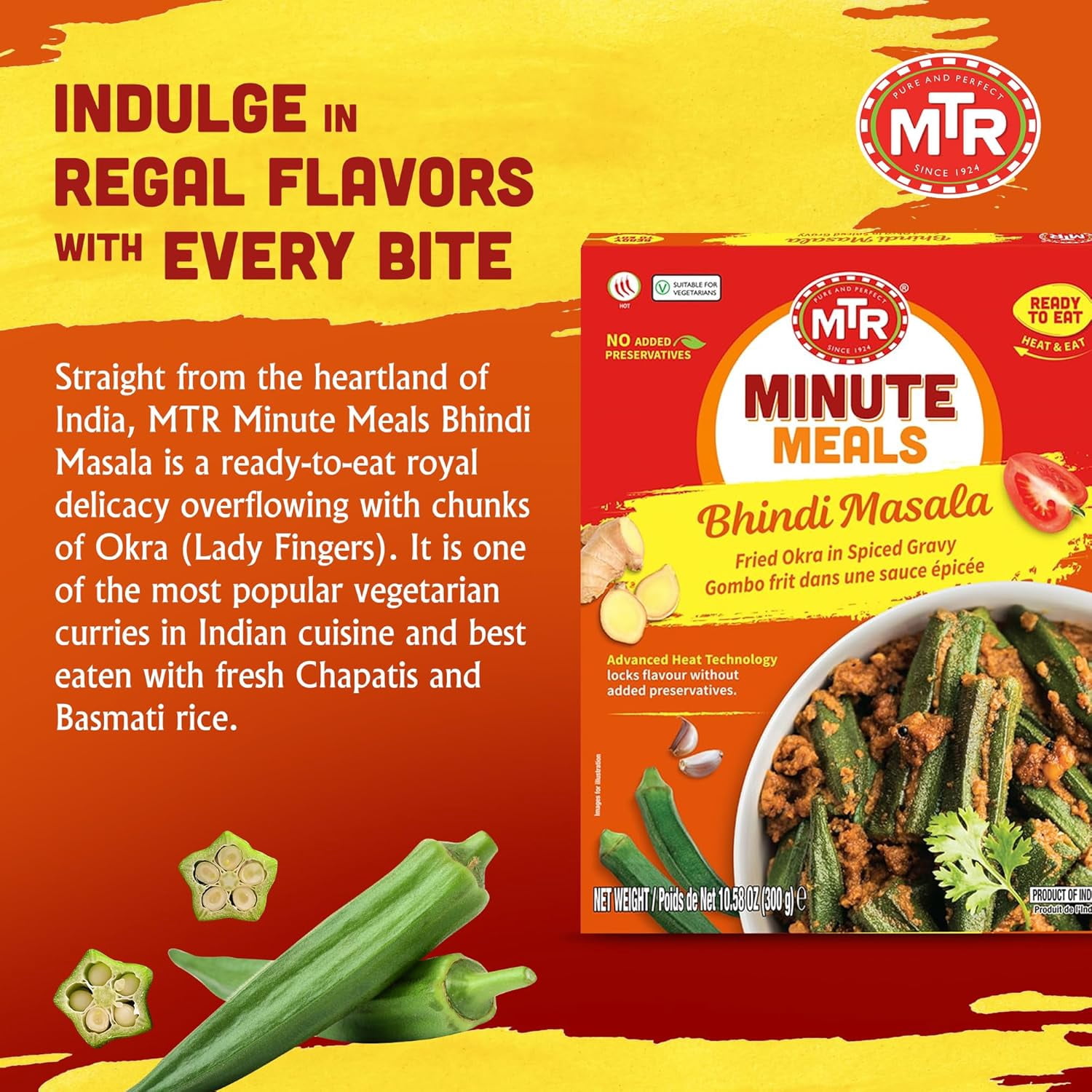 MTR Bhindi Masala - Fried Okra in Spiced Gravy - Authentic Indian Ready To Eat Meal - Plant-Based, Delicious Microwave Food - Perfect for Quick and Nutritious Indian Cuisine Lovers (300g, Pack of 6)
