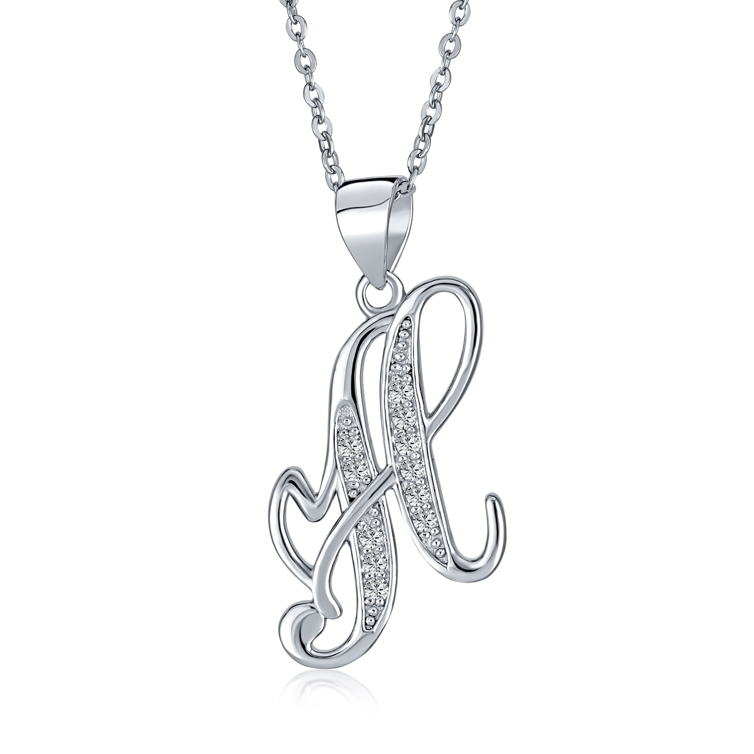 Sterling Silver Fancy Script Initial V Charm on a Sterling Silver Cable Snake or Ball Chain Necklace 
