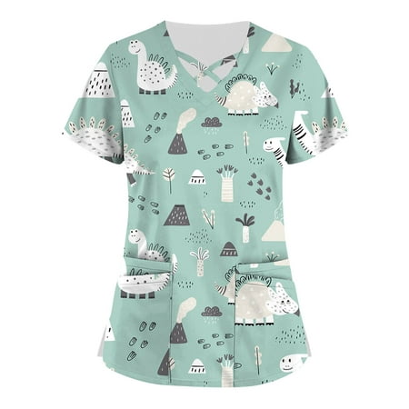 

HIMIWAY Plus Size Cute Printed Scrub Working Uniform Tops For Women Cross V-Neck Short Sleeve Fun T-Shirts Workwear Tee With Pockets