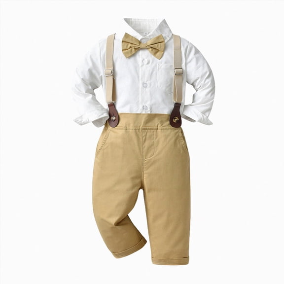 WUANDIXFA Baby Boys Formal Wedding Ring Bearer Outfits 2T 3T 4T 5T 6T 7T Toddler Gentleman Bowtie Suits Dress Shirt Pants Set,Khaki,5-6 Years