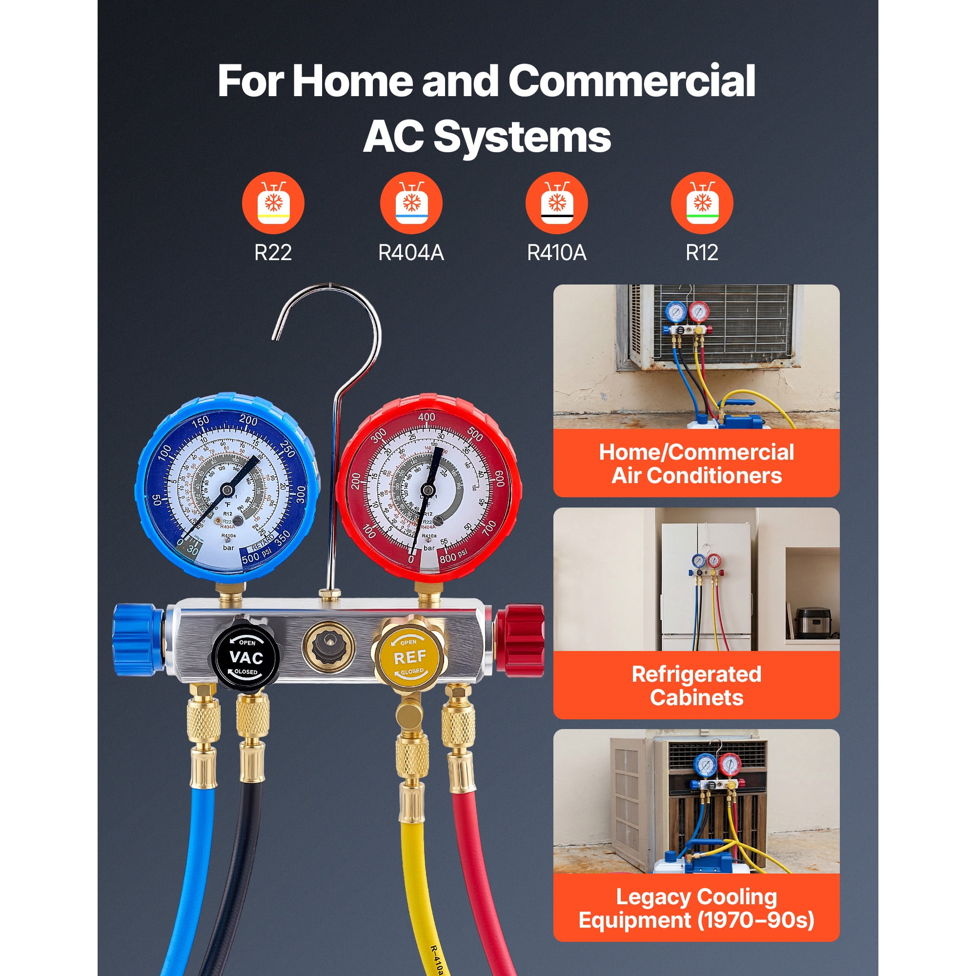 KFFKFF 4-Way AC Manifold Gauge Set for R22 R404A R410A R12 Refrigerants, Includes 5 ft Hoses for Automotive and Home Air Conditioning Maintenance, Vacuuming, Charging, and Recovery