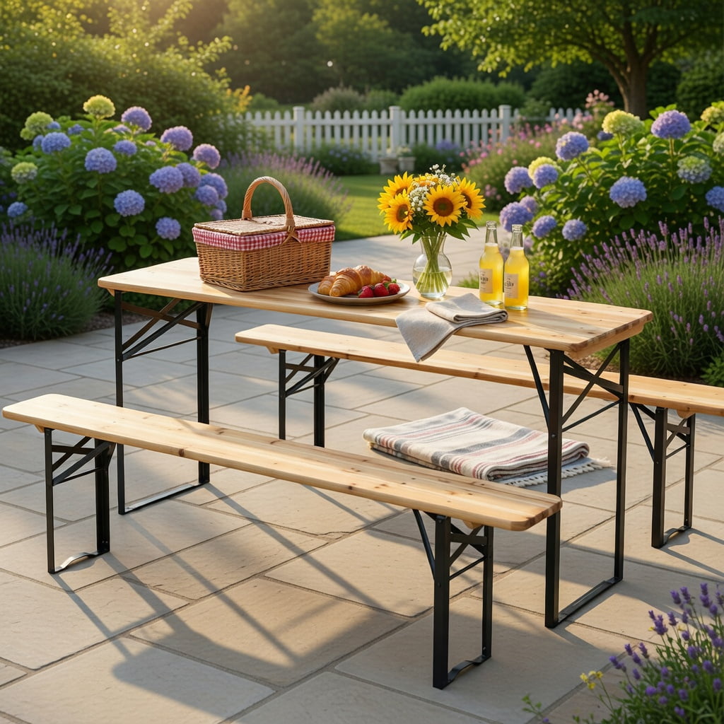 Hommoo 3-Piece Folding Wooden Picnic Table & Bench Set, Rustic Fir Wood Top with Iron Frame, Indoor/Outdoor Use, Natural