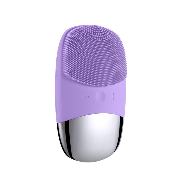depurador facial de silicona, cepillo de limpieza facial eléctrico 3 en 1: vista frontal centrada de limpiador recargable color lila con cerdas de silicona texturizadas de distintos grosores en la parte superior, botones +/-, respaldo para masaje y base metálica plateada reflectante; impermeable IPX7 y USB recargable, para limpieza profunda y exfoliación suave; también se usa a menudo para masajes faciales localizados en viajes.