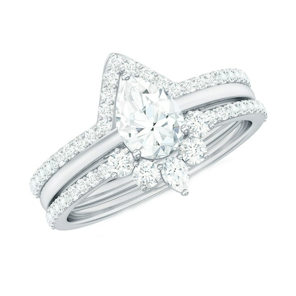 Rosec Jewels Moissanite Wedding Ring Set of 3 - Teardrop Engagement Ring with Enhancer - D-VS1 Quality, 925 Sterling Silver, US 4.00