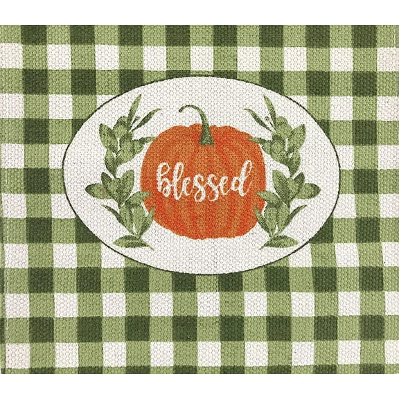 Serafina Home Fall Table Runner: Green and Beige Farmhouse Country Check with Blessed Harvest Welcome, Printed on Cotton Fibers with Faux Burlap Weave.