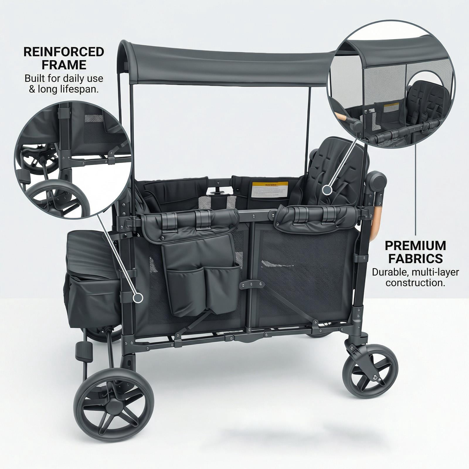 Collapsible Wagon Stroller, Wagon Stroller for 4 Kids with All Wheels Shock-Absorbing,5 Point Harness,Removable Canopy & Storage Bag for Outdoor