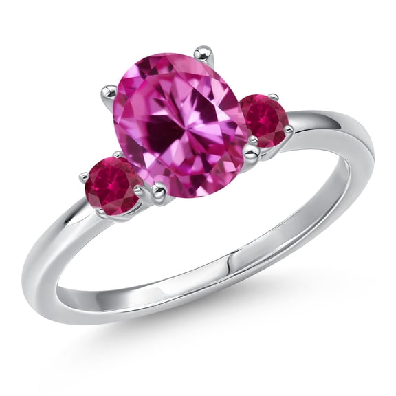 Gem Stone King 14K White Gold Pink Created Sapphire and Red Created Ruby Engagement Ring for Women | 1.28 Cttw | Oval 9X7MM | Gemstone September Birthstone | Size 9