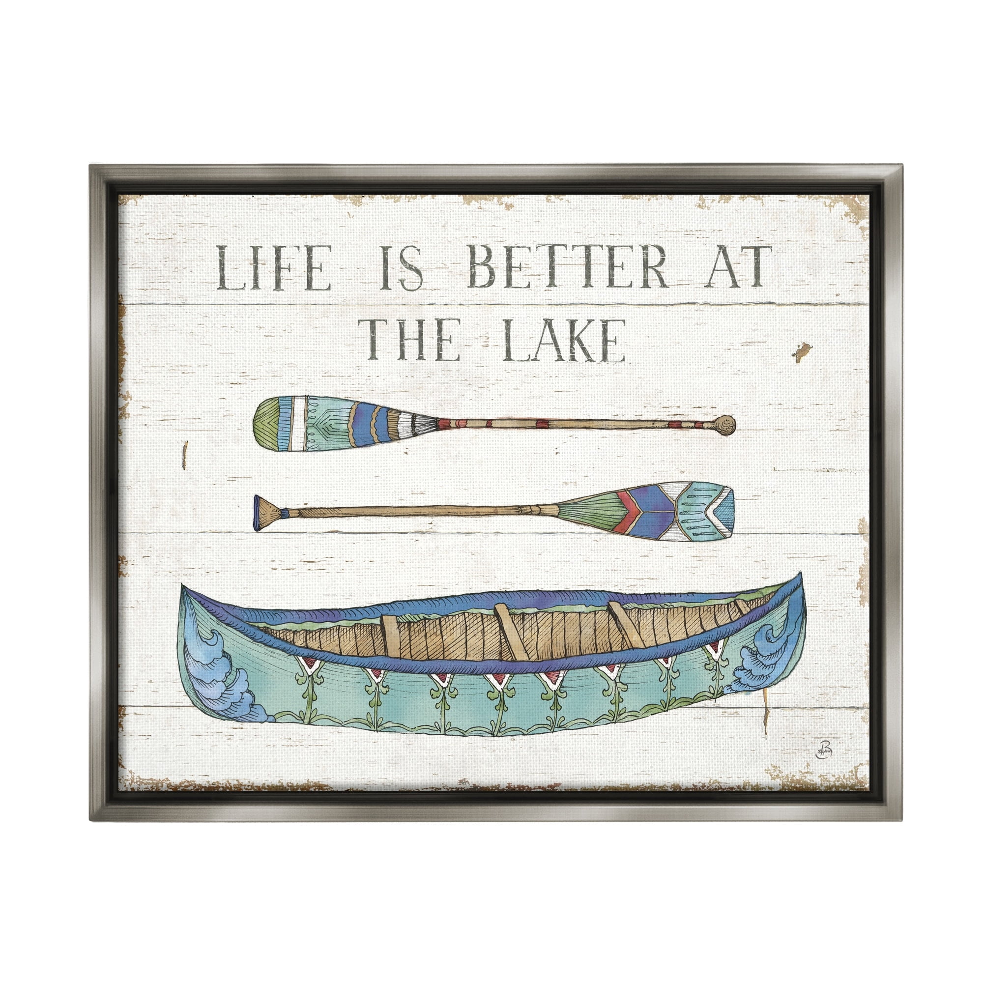 Stupell Industries Life Better At Lake Rustic Canoe Ores Grain Pattern Graphic Art Luster Gray Floating Framed Canvas Print Wall Art, Design by Daphne Brissonnet
