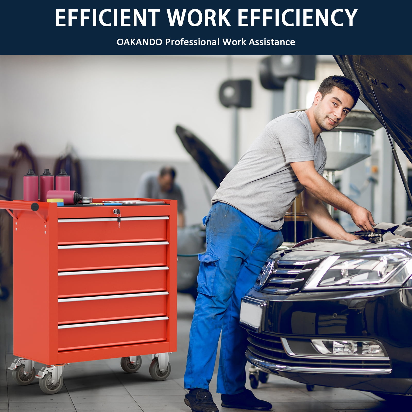 Odaof, 52.8 lb, 24.4-Inch Steel 5-Drawer Rolling Tool Chest Red