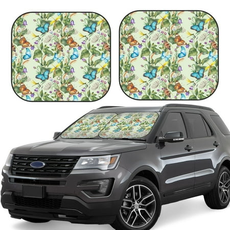 Hirioo Meadow Plants And Butterflies for 2PCS Windshield Sun Shade Foldable | Front Windshield Shade for Sun Heat and UV Rays-Medium