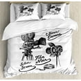 thumbnail image 1 of Movie Theater King Size Duvet Cover Set, Cinematography Themed Artwork with Old Camera and Equipment Silver Screen, Decorative 3 Piece Bedding Set with 2 Pillow Shams, Black White, by Ambesonne, 1 of 3