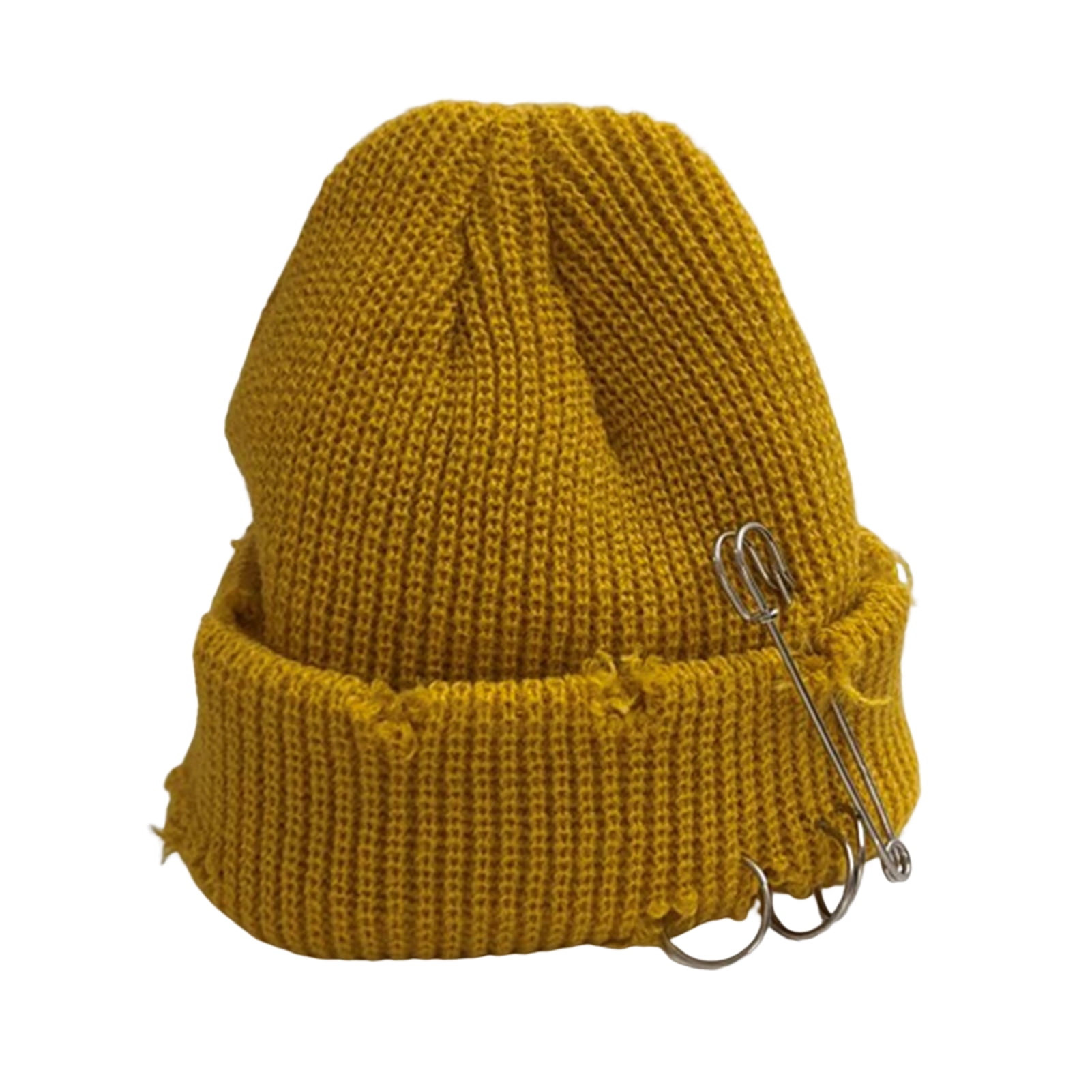 Opolski Women Men Bonnet Stretch Brimless Solid Color Knitted Unisex Keep Warm Metal Ring Decor Hip Hop Ripped Men Winter Hat for Daily Wear Yellow