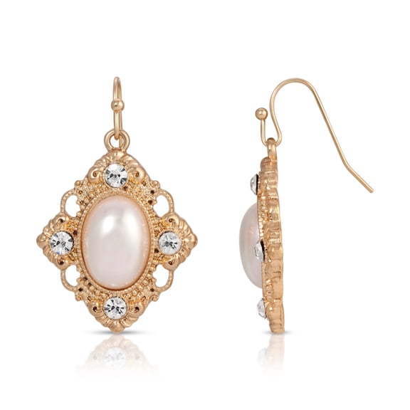1928 Jewelry Women's Gold Tone Diamond Filigree Faux Pearl Drop Earrings