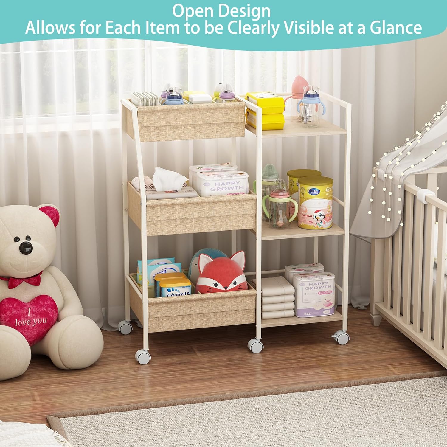 Baby Diaper Caddy Organizer Cart, 3-Tier Rolling Storage with Dividers and Shelves for Nursery Essentials