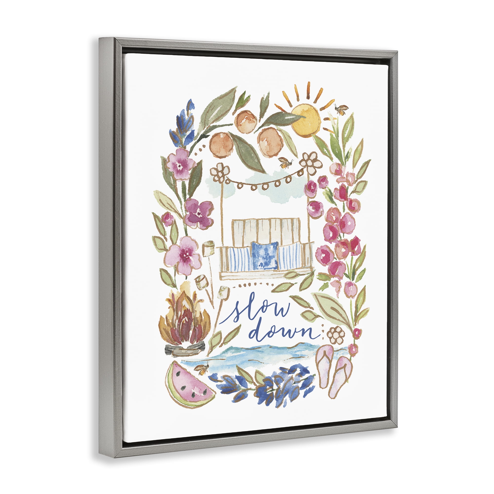Stupell Industries Slow Down Summer Florals Plants & Flowers Painting Gray Floater Framed Canvas Art Print Wall Art, 17 x 21