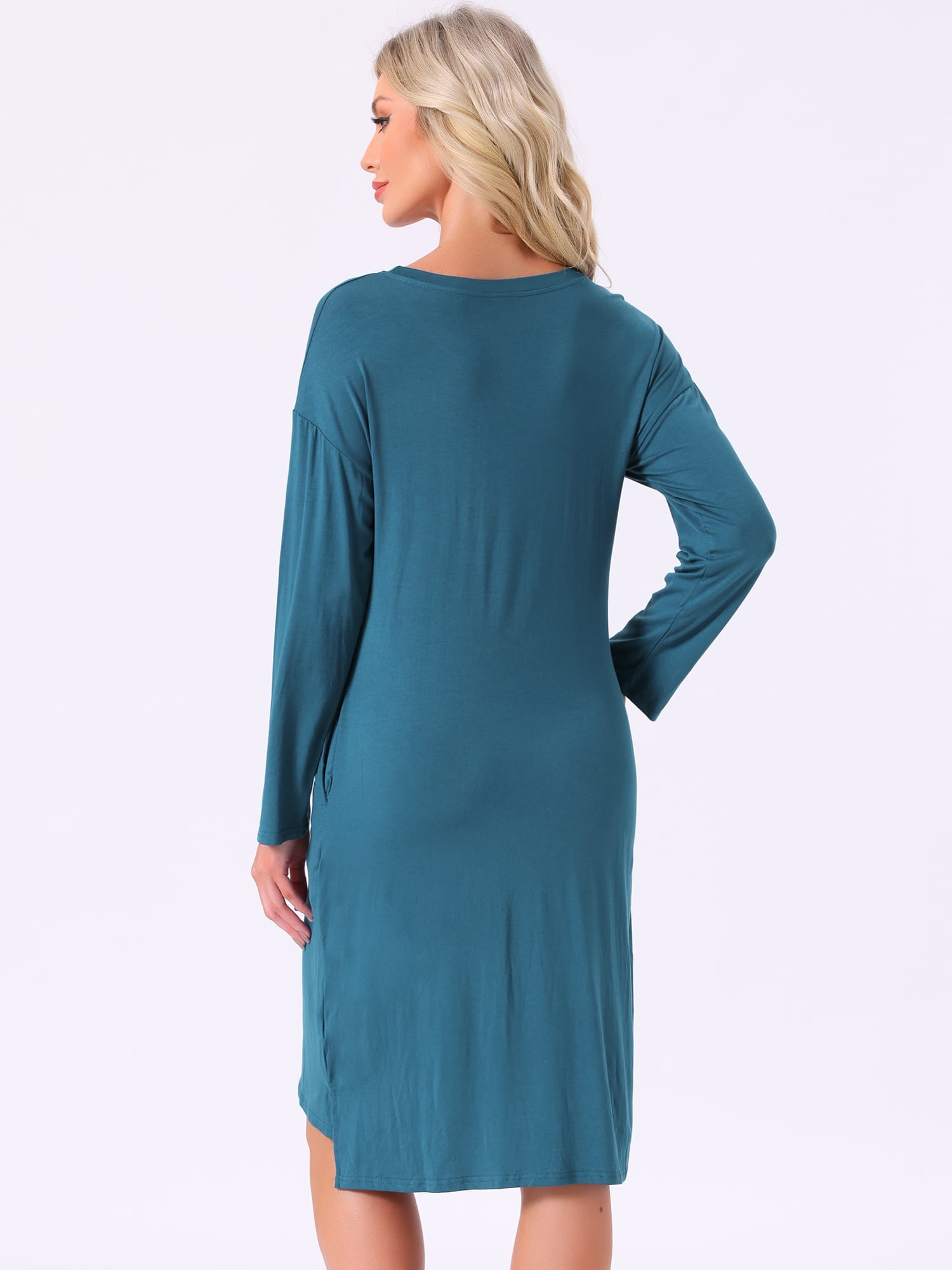 DARING DIVA Women's Long Sleeve High Low Hem Rayon Sleepdress with Pockets L Blue